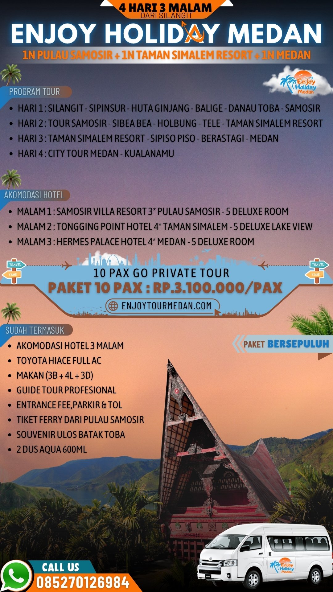 Paket Tour Silangit Danau Toba 4 Hari 3 Malam